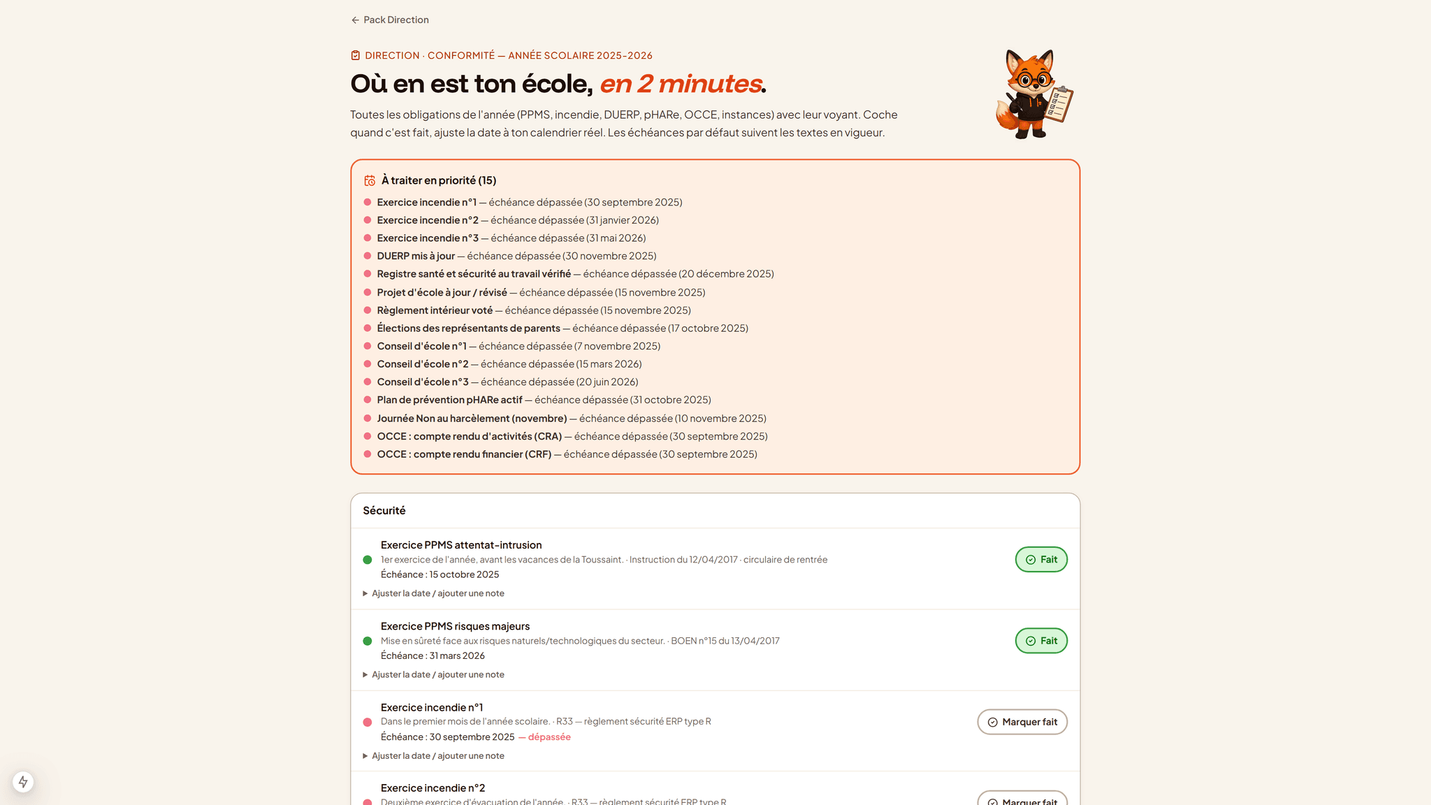Tableau de bord direction d'Iniprof : suivi de la conformité d'une école (DUERP, registre santé et sécurité, incendie), conseils d'école et obligations d'un directeur d'école