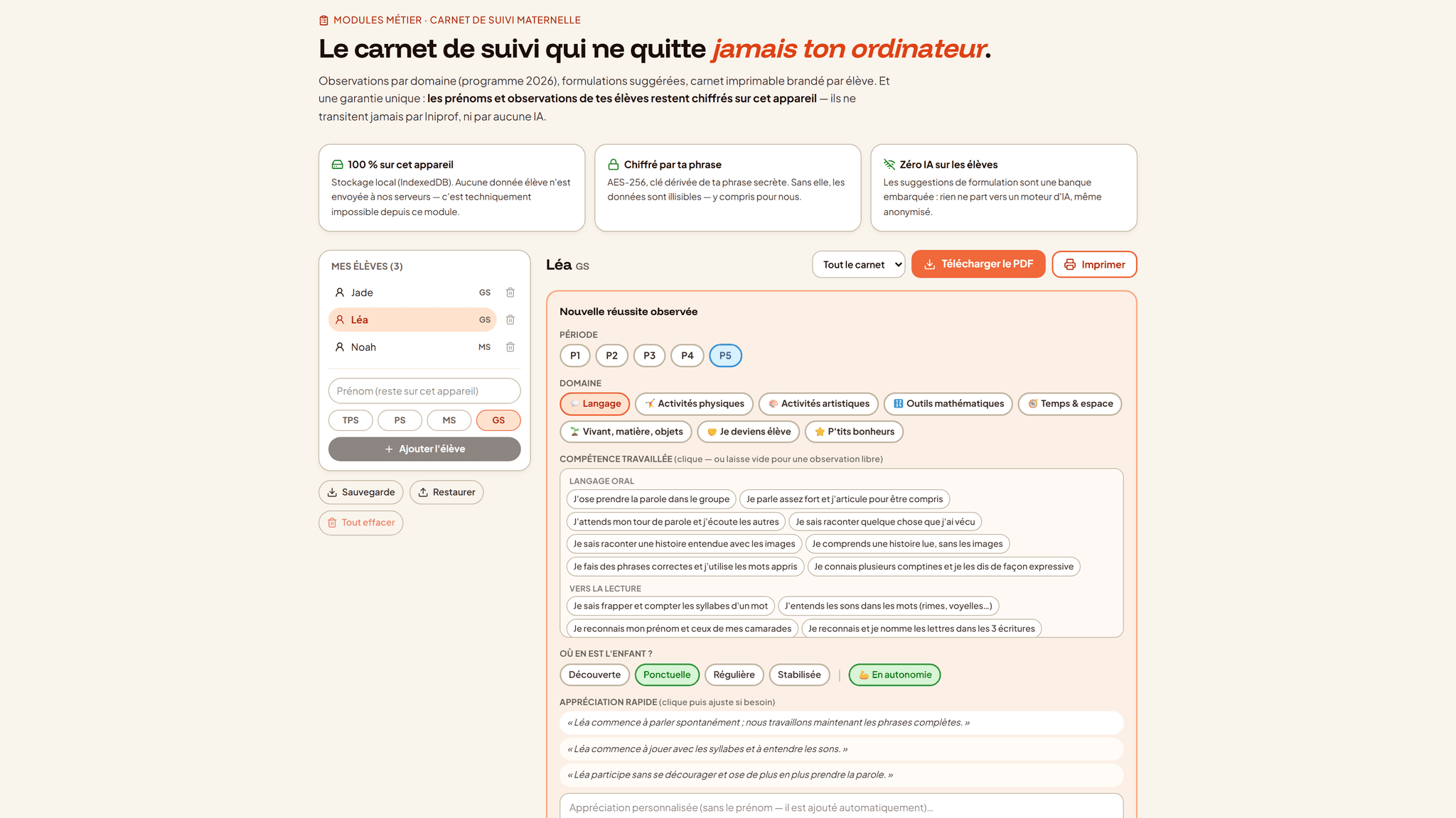 Carnet de suivi d'Iniprof : chiffré par phrase secrète, sans IA - Iniprof ne peut pas lire ce que vous y écrivez