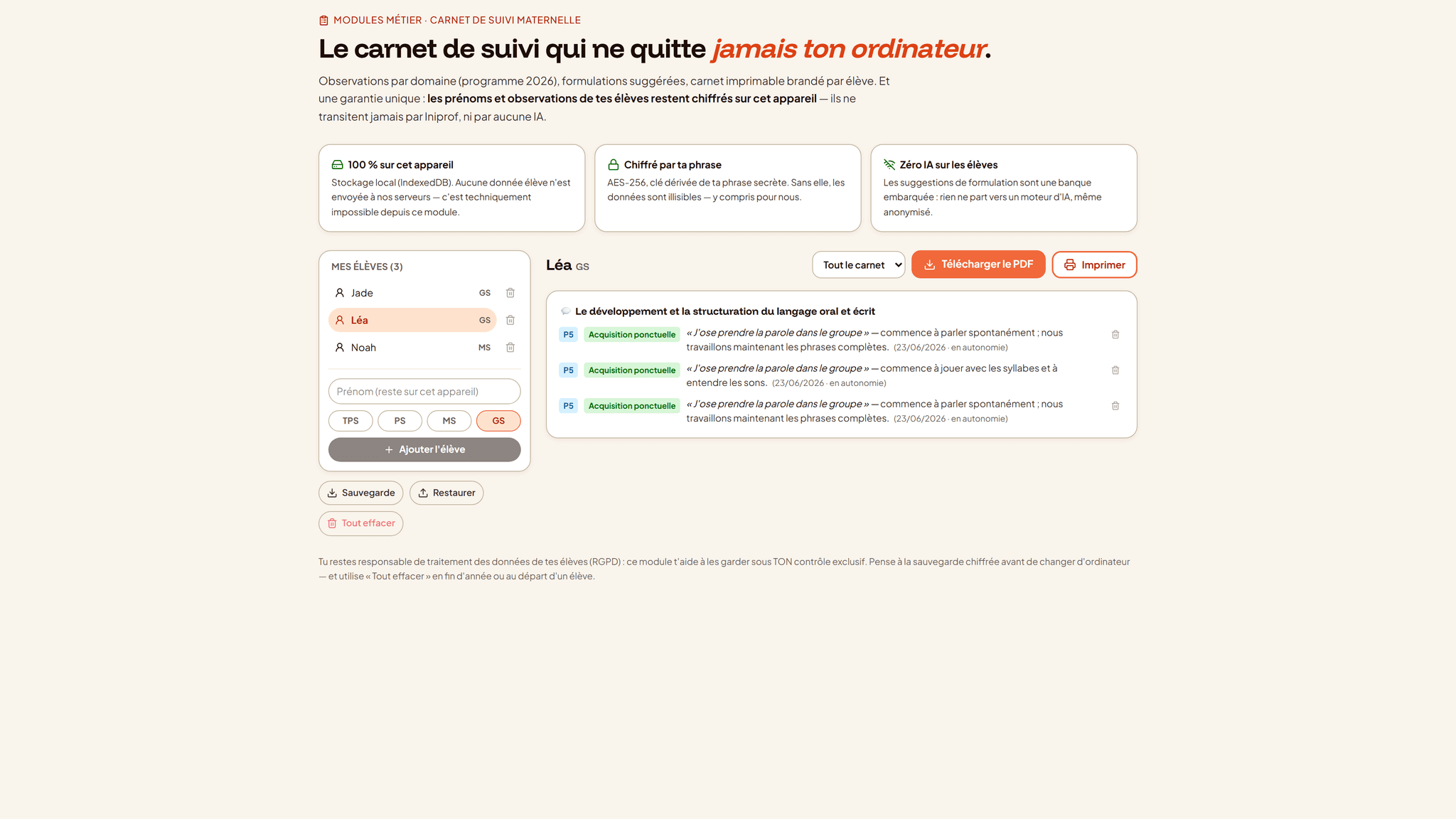 Carnet de suivi rempli dans Iniprof : réussites datées par domaine et par palier pour une élève de grande section
