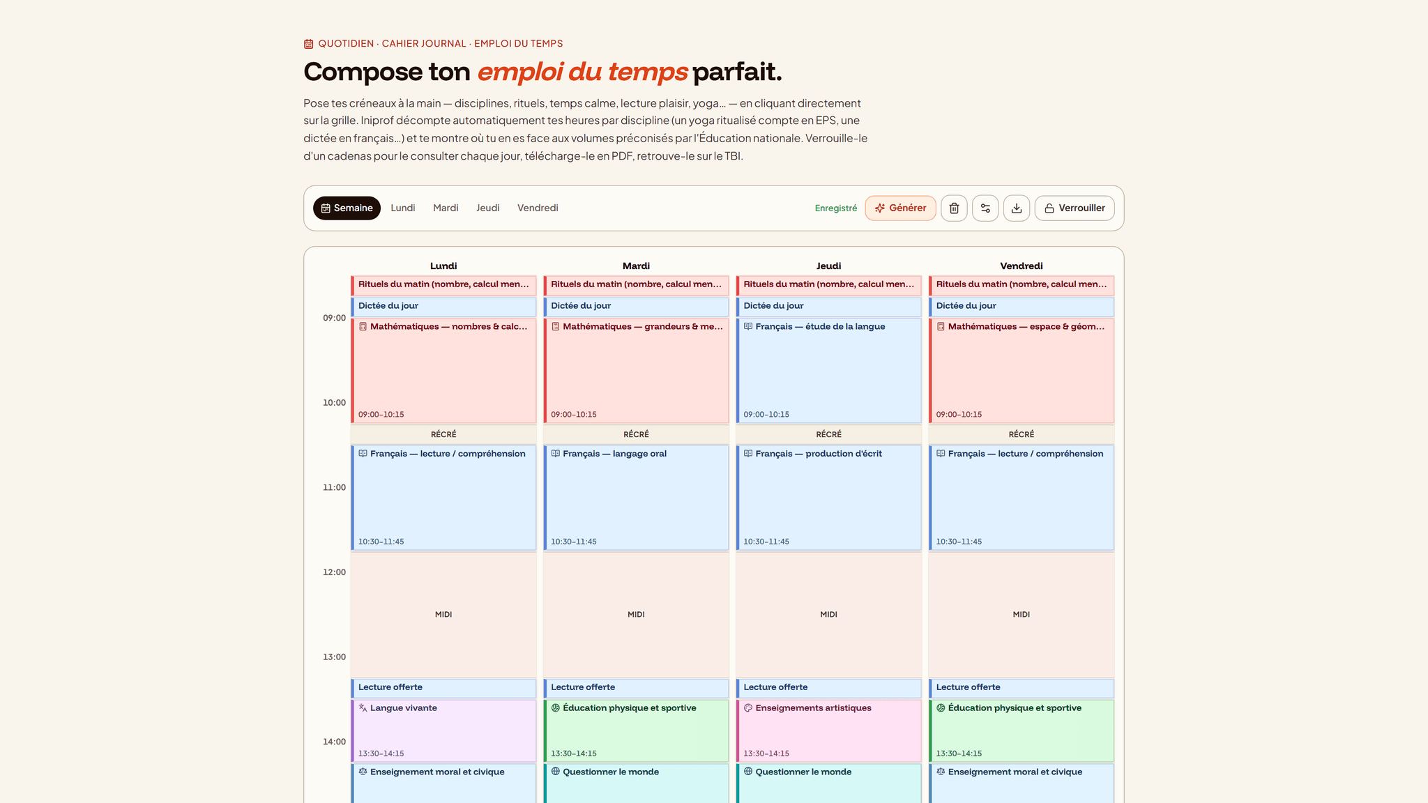 Module emploi du temps d'Iniprof : grille hebdomadaire avec les disciplines et les volumes horaires officiels pré-remplis, plages et récréations