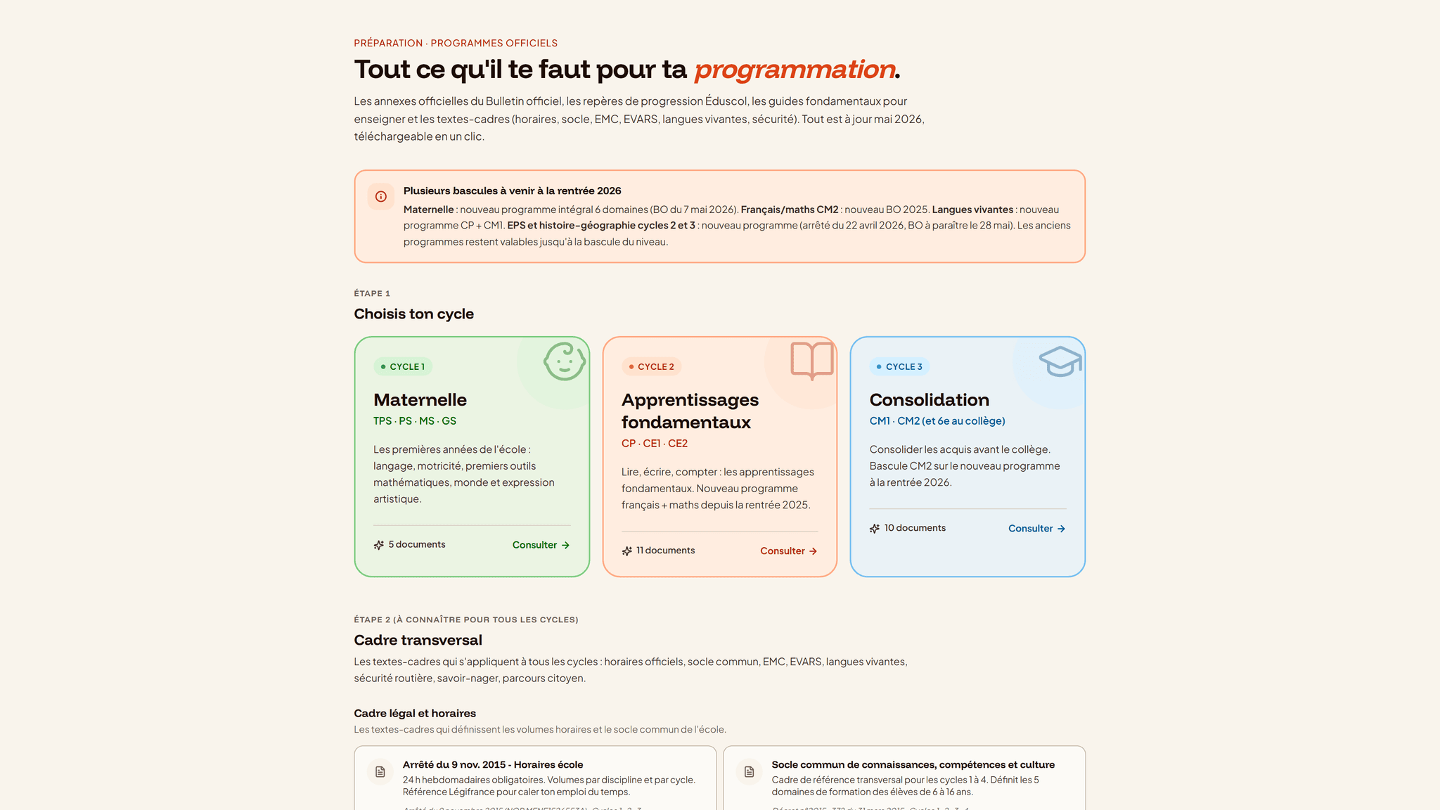 Programmes officiels intégrés dans Iniprof : attendus de fin d'année et repères de progression consultables par cycle et par domaine
