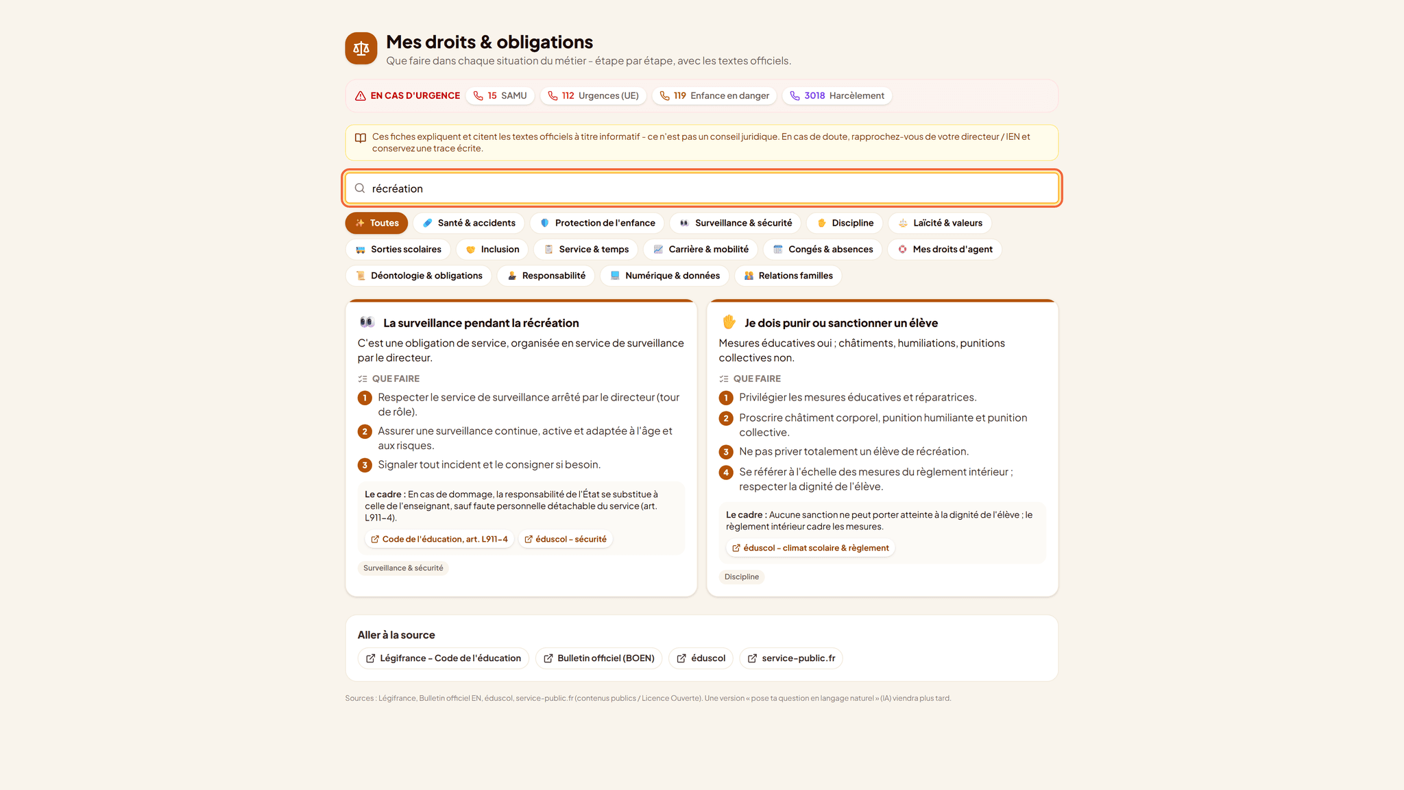 Assistant réglementation d'Iniprof : recherche sur les droits et obligations d'un professeur des écoles avec citation des textes