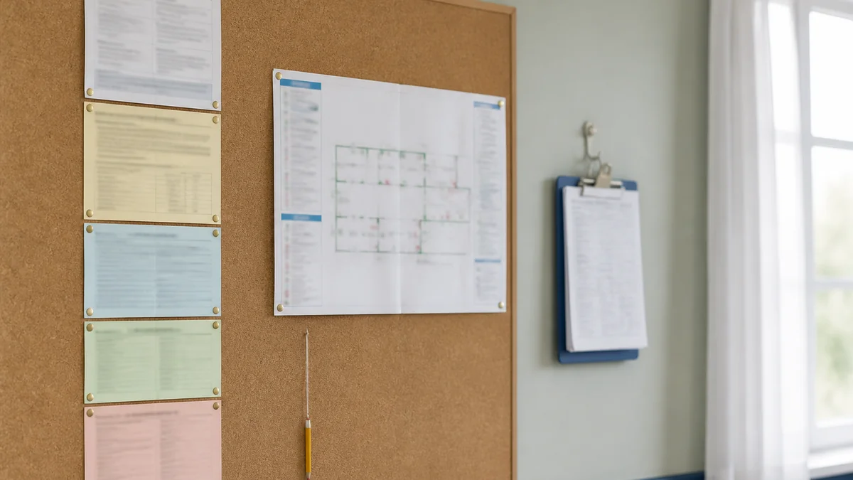 Panneau d'affichage obligatoire dans une classe primaire - feuilles A4 alignées au cordeau, punaises rondes dorées, plan d'évacuation visible en arrière-plan