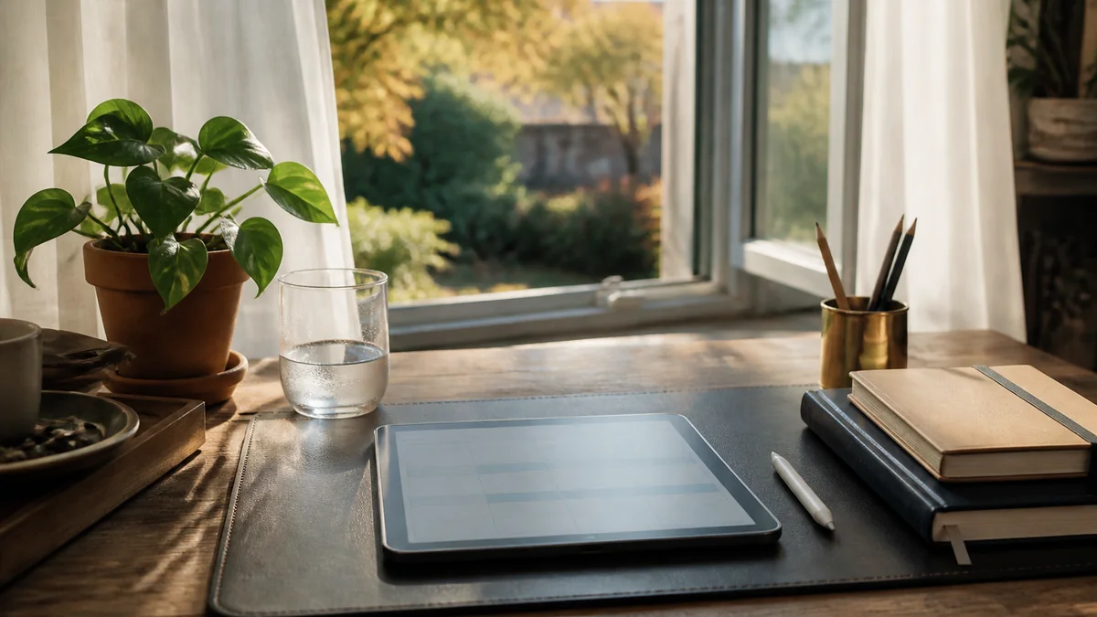 Mémoire numérique du même cahier journal CM1 sur une tablette posée sur un sous-main, fenêtre lumineuse et plante verte