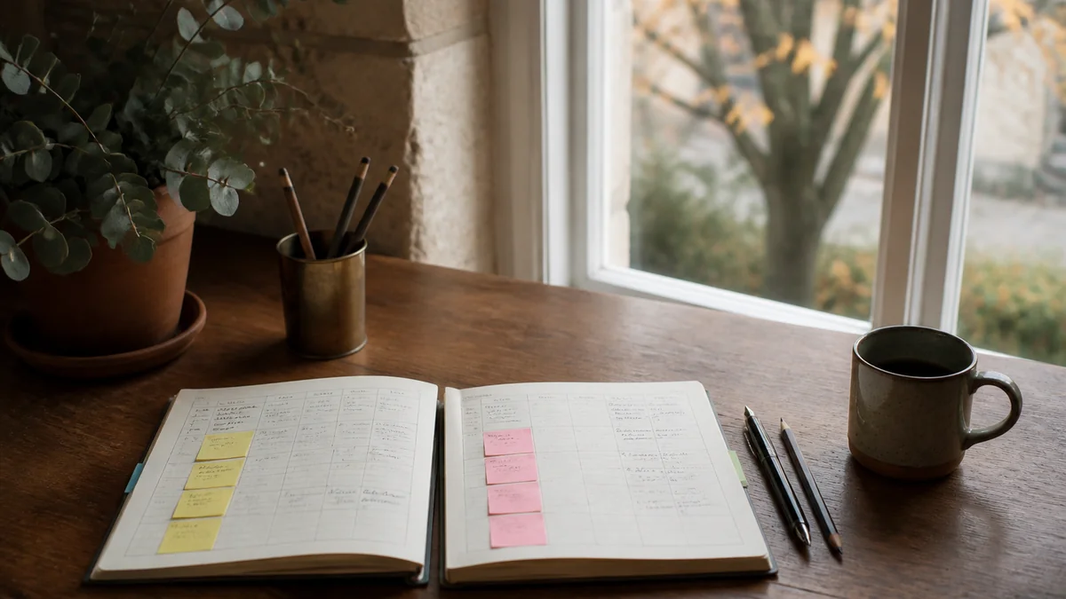 Deux cahiers journal côte à côte sur le bureau d'une enseignante CM1-CM2, post-it de couleurs différentes pour distinguer les deux niveaux