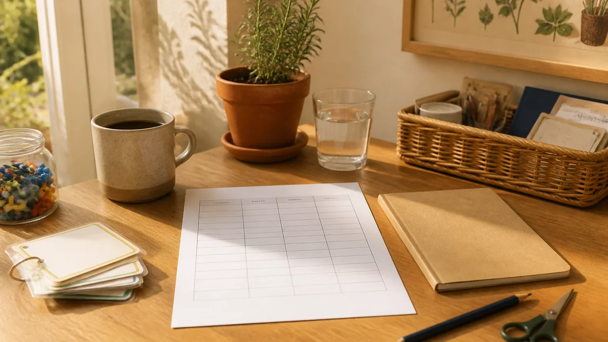 Trame Word de cahier journal CP imprimée fraîche et posée sur un bureau d'août, décoration de classe CP en arrière plan flou