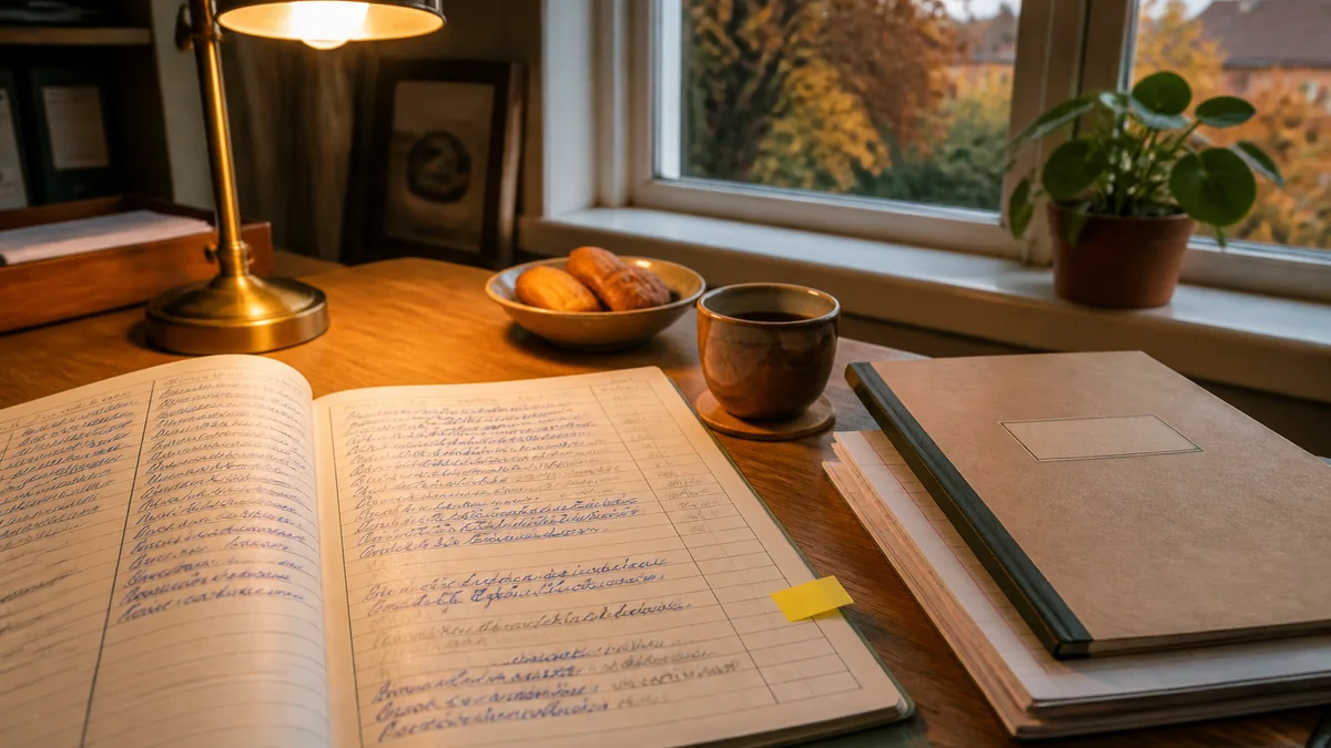 Même trame CP remplie un vendredi soir d'octobre avec abréviations EN visibles entre les lignes et lampe basse allumée
