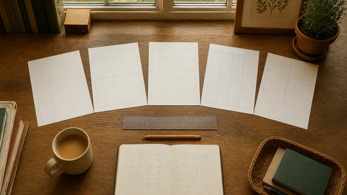 Cinq trames Word de cahier journal vierge étalées en éventail sur un grand bureau de bois, règle et stylo plume au milieu