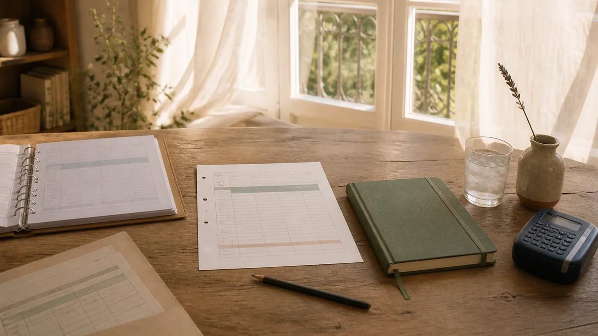 Une seule trame retenue posée proprement sur un bureau le jour de la pré-rentrée, classeur à anneaux et cahier journal neuf en attente