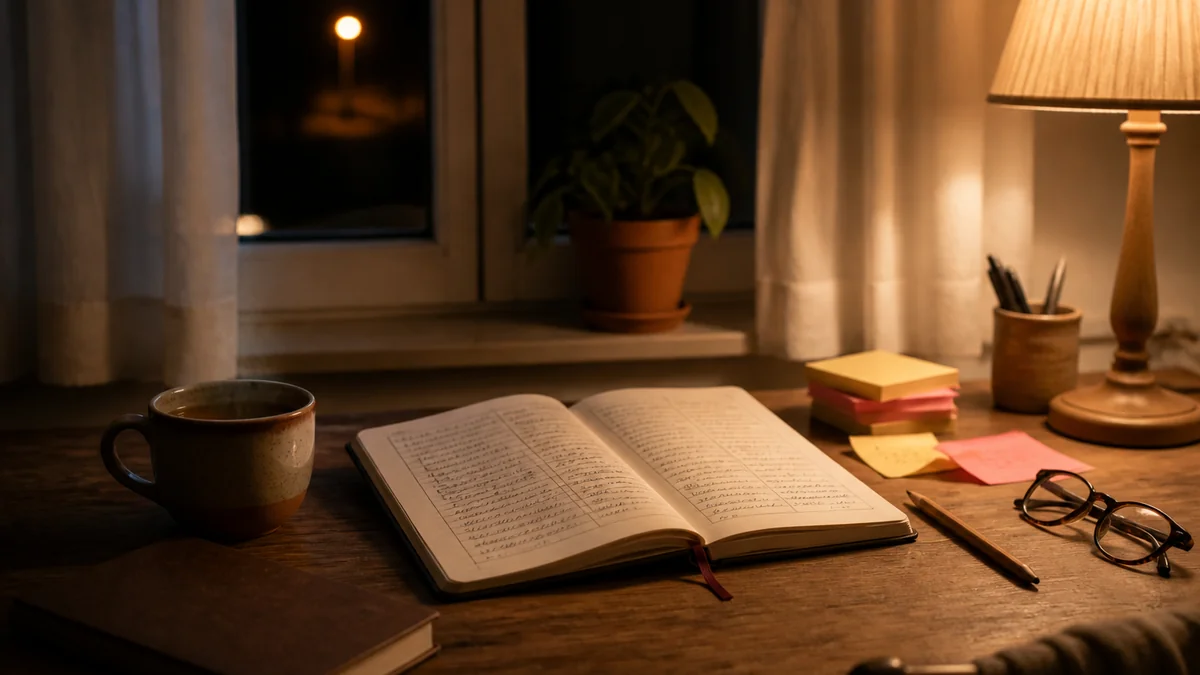 Bureau d'enseignante un dimanche soir d'octobre - cahier journal ouvert, post-it qui débordent, mug de tisane et lampe basse devant une fenêtre noire