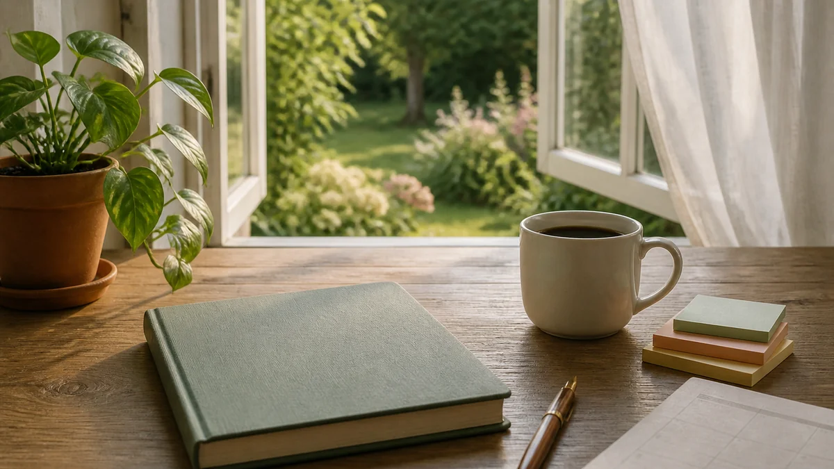 Bureau prof allégé un matin de semaine - un seul cahier journal fermé, mug propre, post-it triés, plante verte et fenêtre ouverte sur le jardin