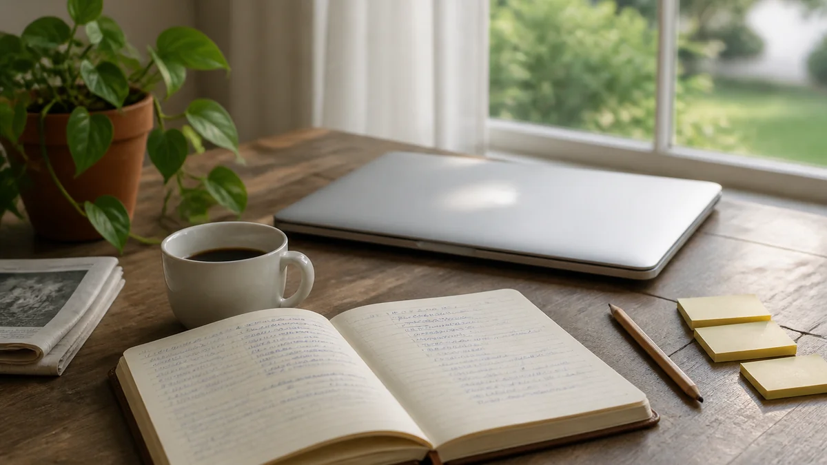 Bureau d'enseignante un samedi matin - ordinateur portable fermé, cahier journal manuscrit ouvert, mug de café noir et lumière naturelle douce