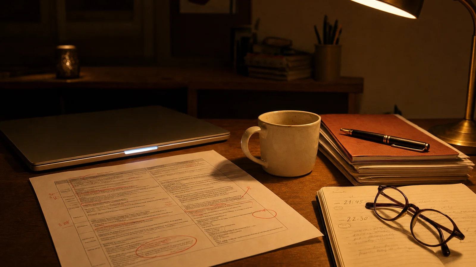 Bureau d'un professeur des écoles le soir avec ordinateur portable affichant une conversation IA, manuel scolaire ouvert et tasse à café