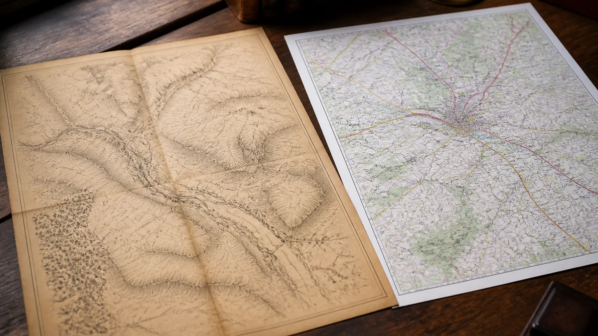 Une carte ancienne dessinée à la main et une carte moderne d'un même territoire, côte à côte, pour lire l'évolution du paysage