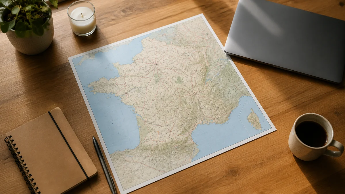 Bureau d'enseignant avec une carte et des documents pour préparer son mouvement et comparer des écoles