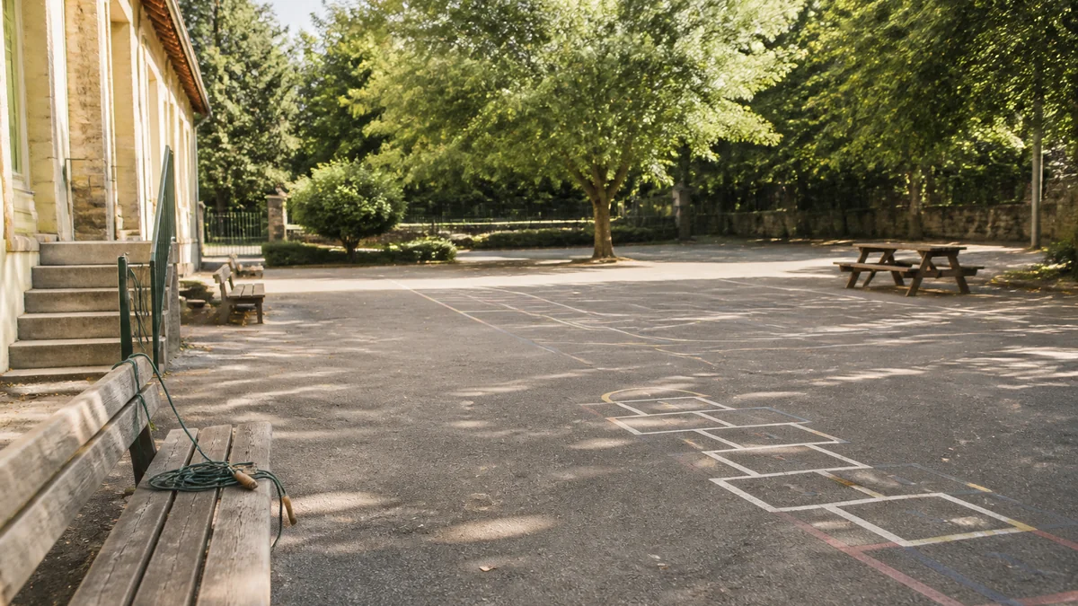 Cour d'école primaire vide pendant la récréation, bancs en bois, marquage au sol pour jeux