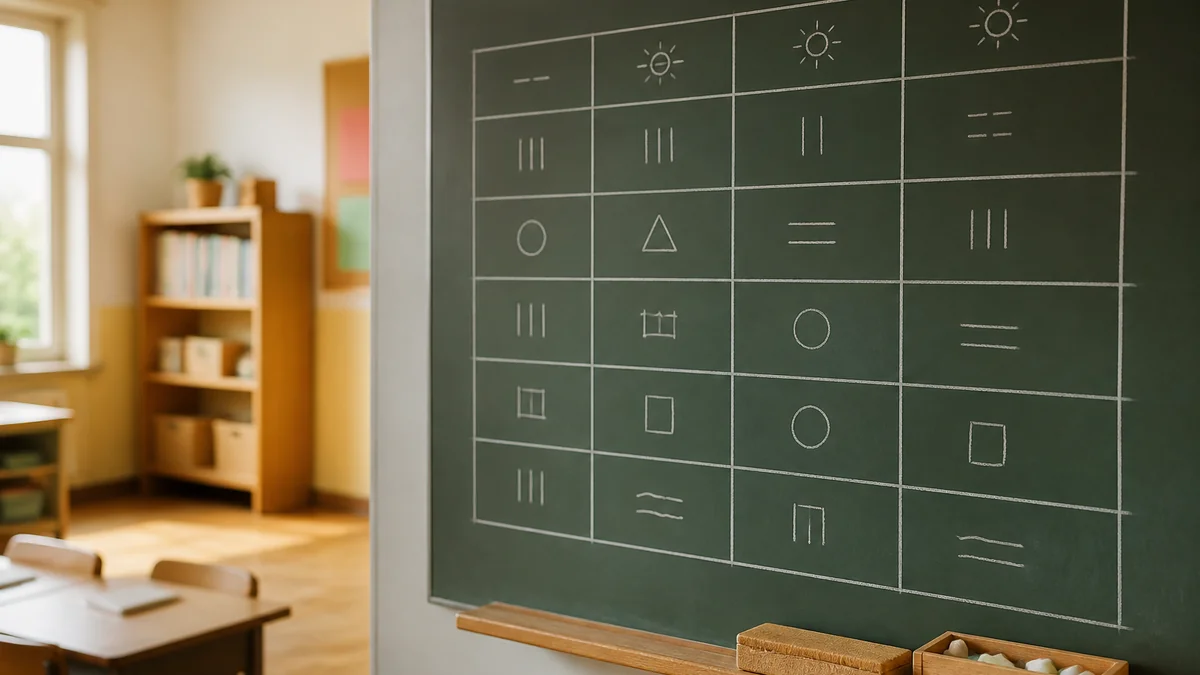 Tableau noir avec une planification d'horaires de classe écrite à la craie, salle de classe en arrière-plan flou