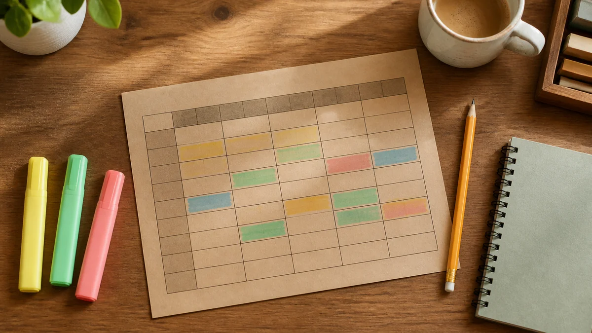 Bureau de prof avec planning hebdomadaire CE2 imprime sur papier kraft, surligneurs colores et cafe matinal