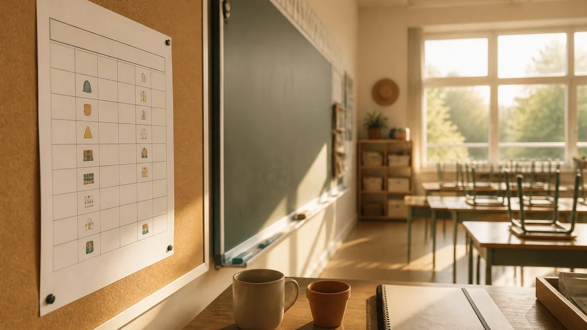 Emploi du temps CP imprimé affiché au mur de la classe près du tableau, ateliers signalés par des pictogrammes simples non lisibles