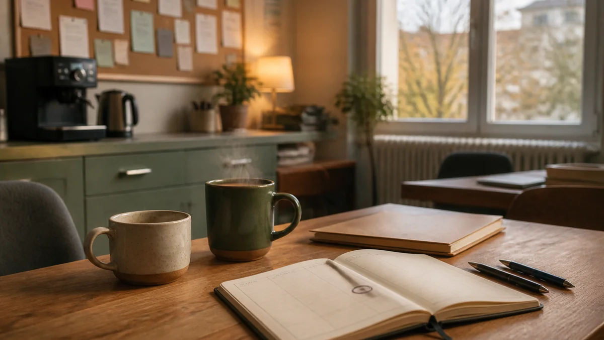 Deux mugs de café posés sur une table dans la salle des maîtres, agenda ouvert pour caler un rendez-vous coordination AESH après la Toussaint