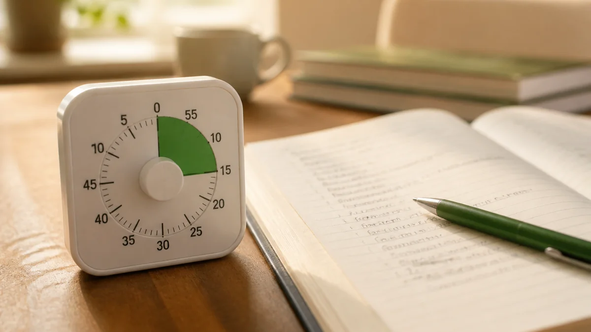Bureau de prof avec template squelette de fiche de prep imprimée et minuteur 15 minutes