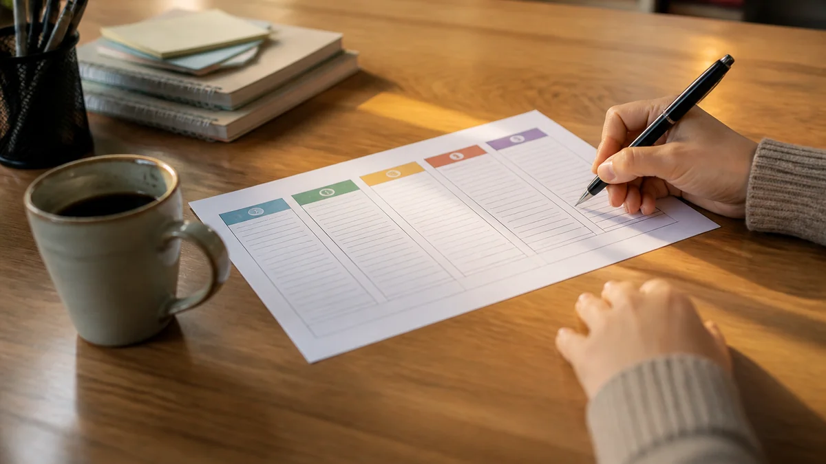 Fiche prep modèle squelette imprimée sur bureau de prof avec stylo et café