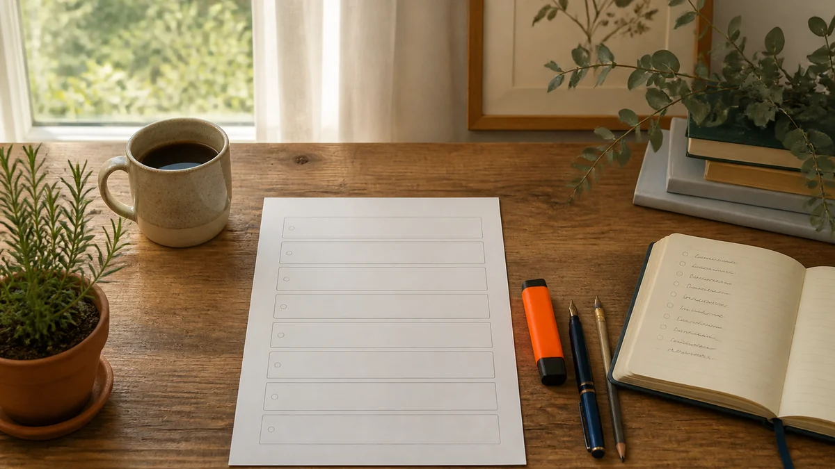 Fiche de préparation vierge avec huit rubriques imprimées sur une feuille A4 portrait, surlignées au feutre orange et stylo plume à côté