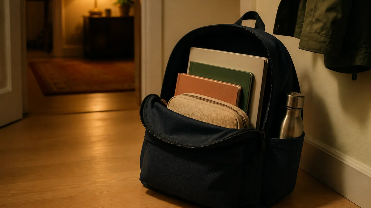 Cartable de CM1 ou CM2 posé près de la porte la veille de la rentrée - trousse, agenda, classeur, cahiers et bouteille d'eau visibles dans l'ouverture