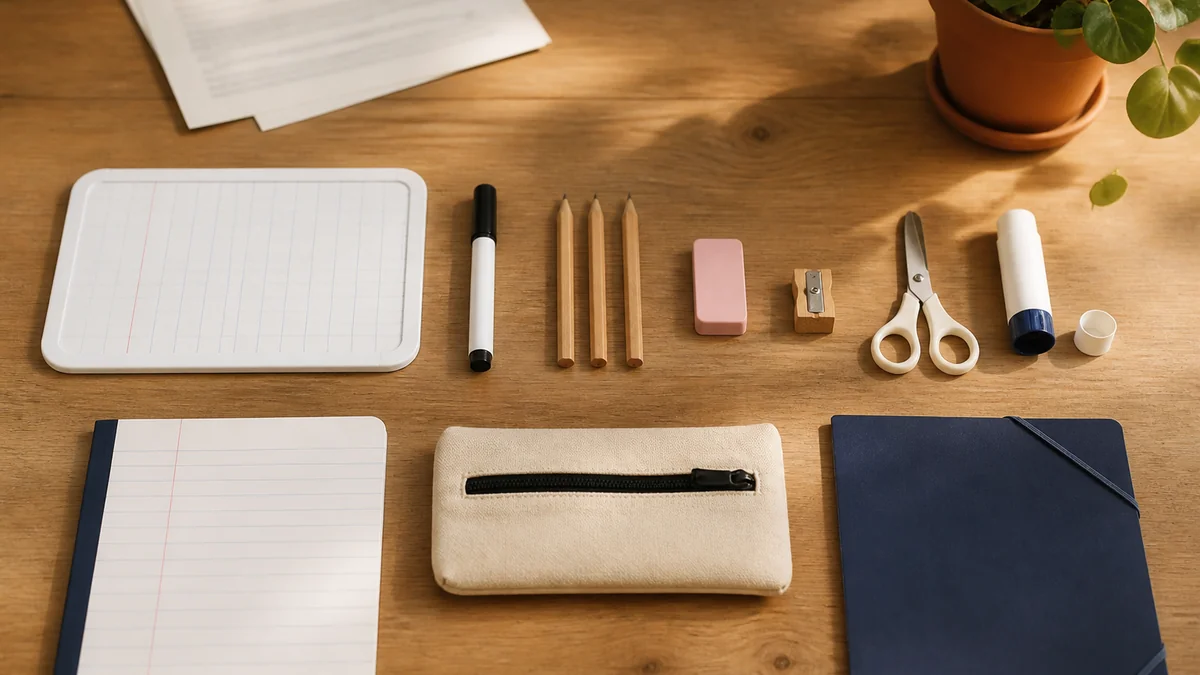 Douze fournitures essentielles de CP alignées sur une table - ardoise neuve, gros crayons triangulaires, ciseaux à bouts ronds, colle, cahier d'écriture