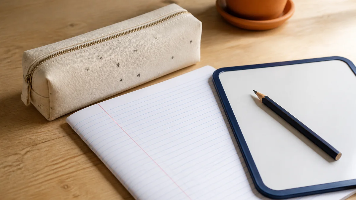Petite trousse en toile beige fermée posée à côté d'un cahier d'écriture seyes neuf et d'une ardoise blanche - lumière du matin, table en bois clair