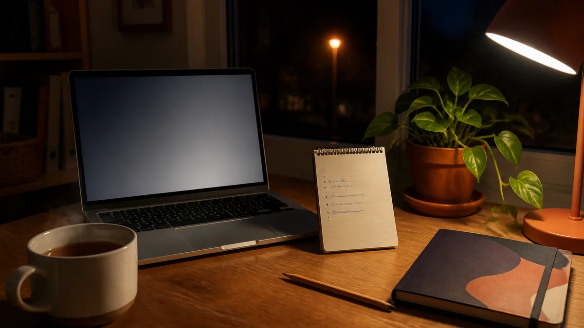 Ordinateur portable et mug de tisane le soir - mot aux parents rédigé rapidement avec un assistant IA