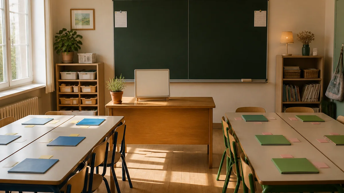Deux espaces de travail distincts aménagés dans une même salle de classe, table groupe gauche et table groupe droite avec post-it de couleurs différents