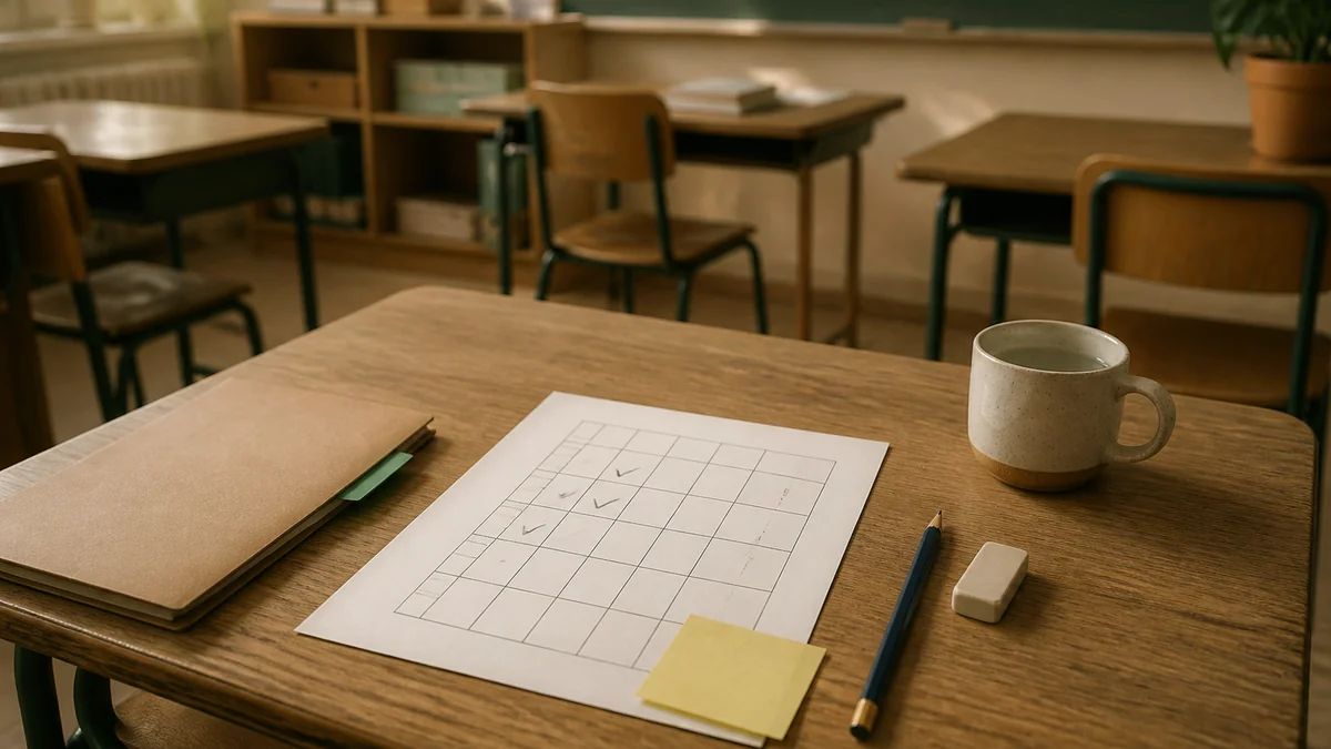 Plan de travail individualisé posé sur la table d'un élève avec petites cases à cocher, petit carnet de suivi à côté et crayon de papier