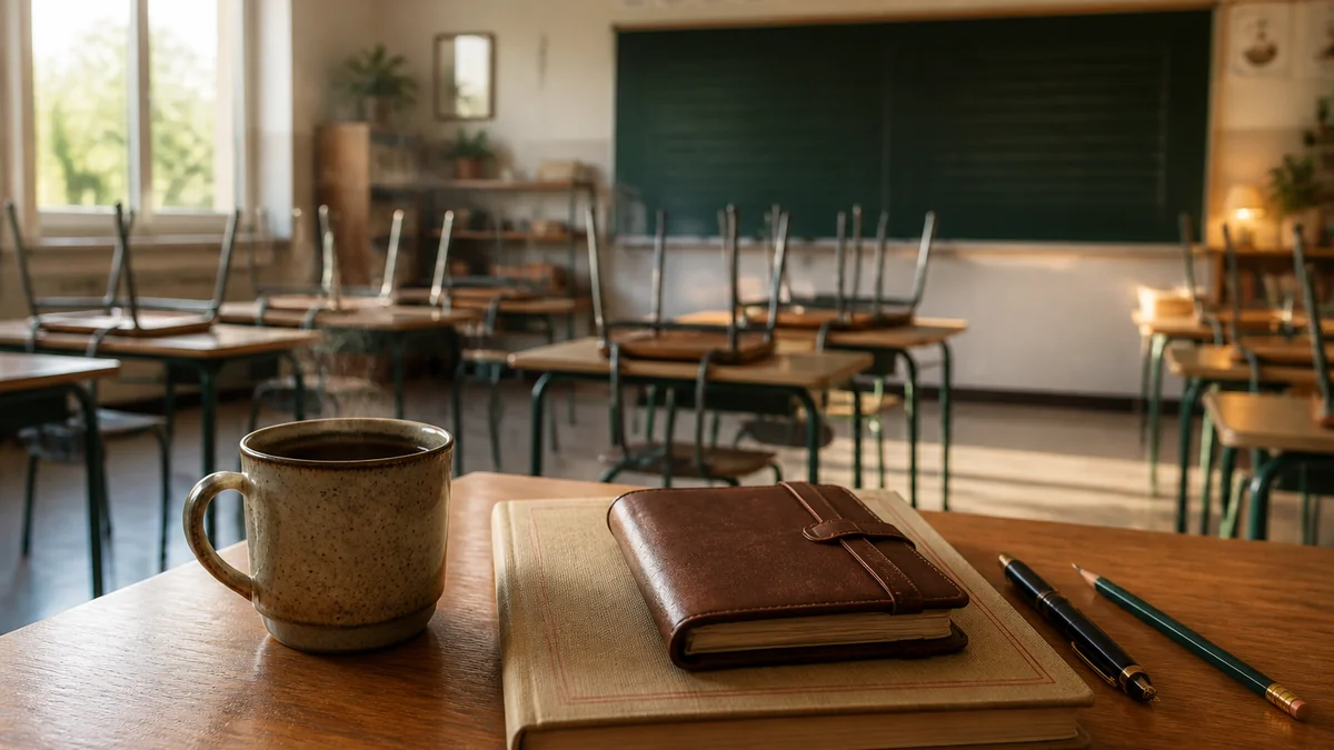 Salle de classe vide jeudi matin de pré-rentrée, premier café sur le bureau et cahier journal vierge, 9 h petit matin de fin d'août