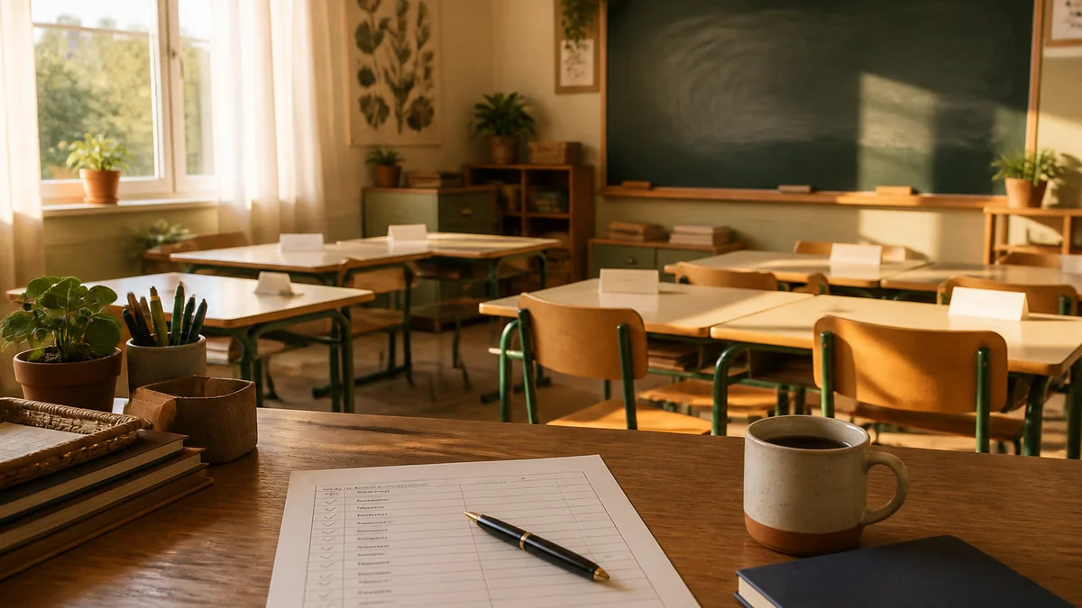 Checklist de pré-rentrée imprimée et cochée posée sur le bureau à la fin de la journée pleine, salle de classe ordonnée en arrière plan