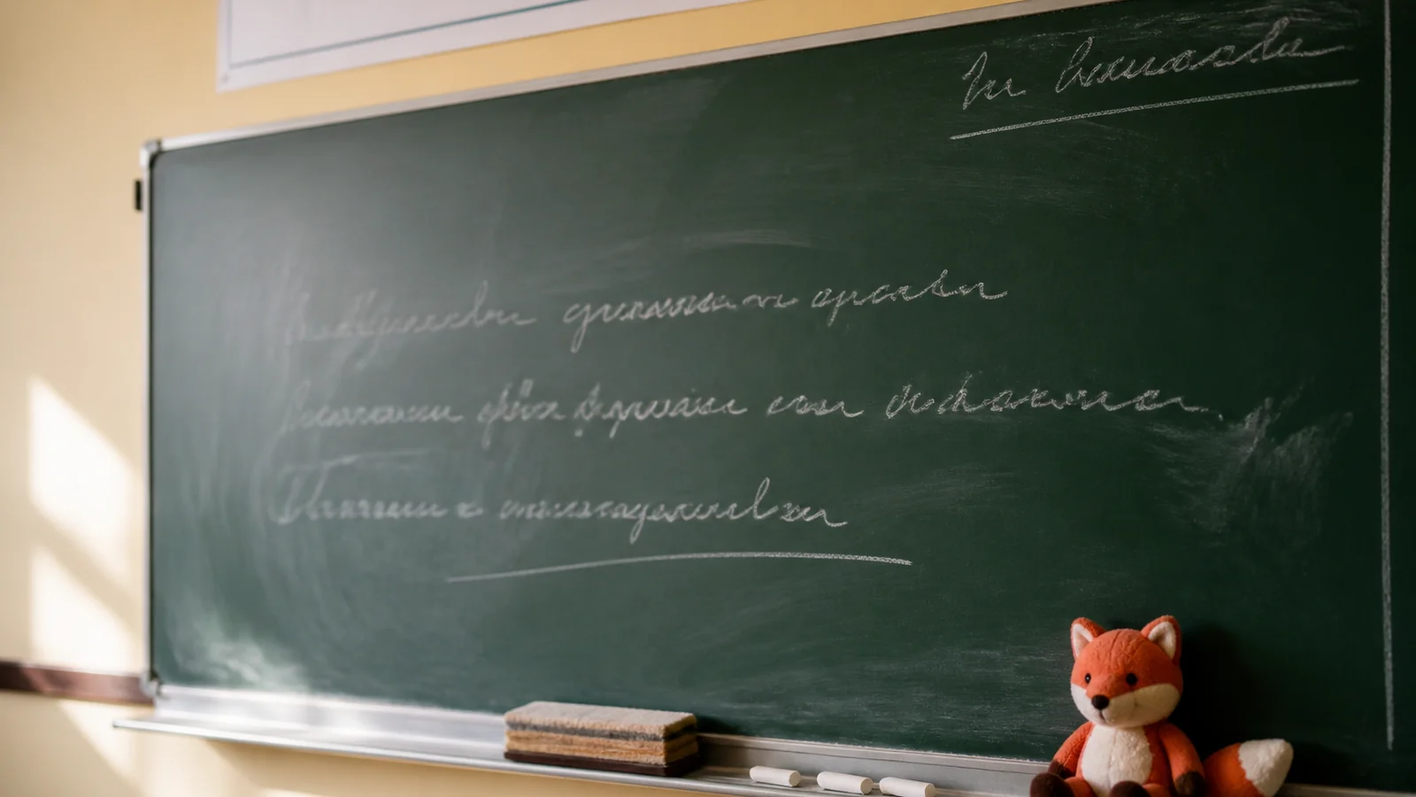 Tableau noir d'une classe primaire avec le prénom de l'enseignant et la date de la rentrée écrits à la craie blanche, mascotte en peluche posée sur le rebord