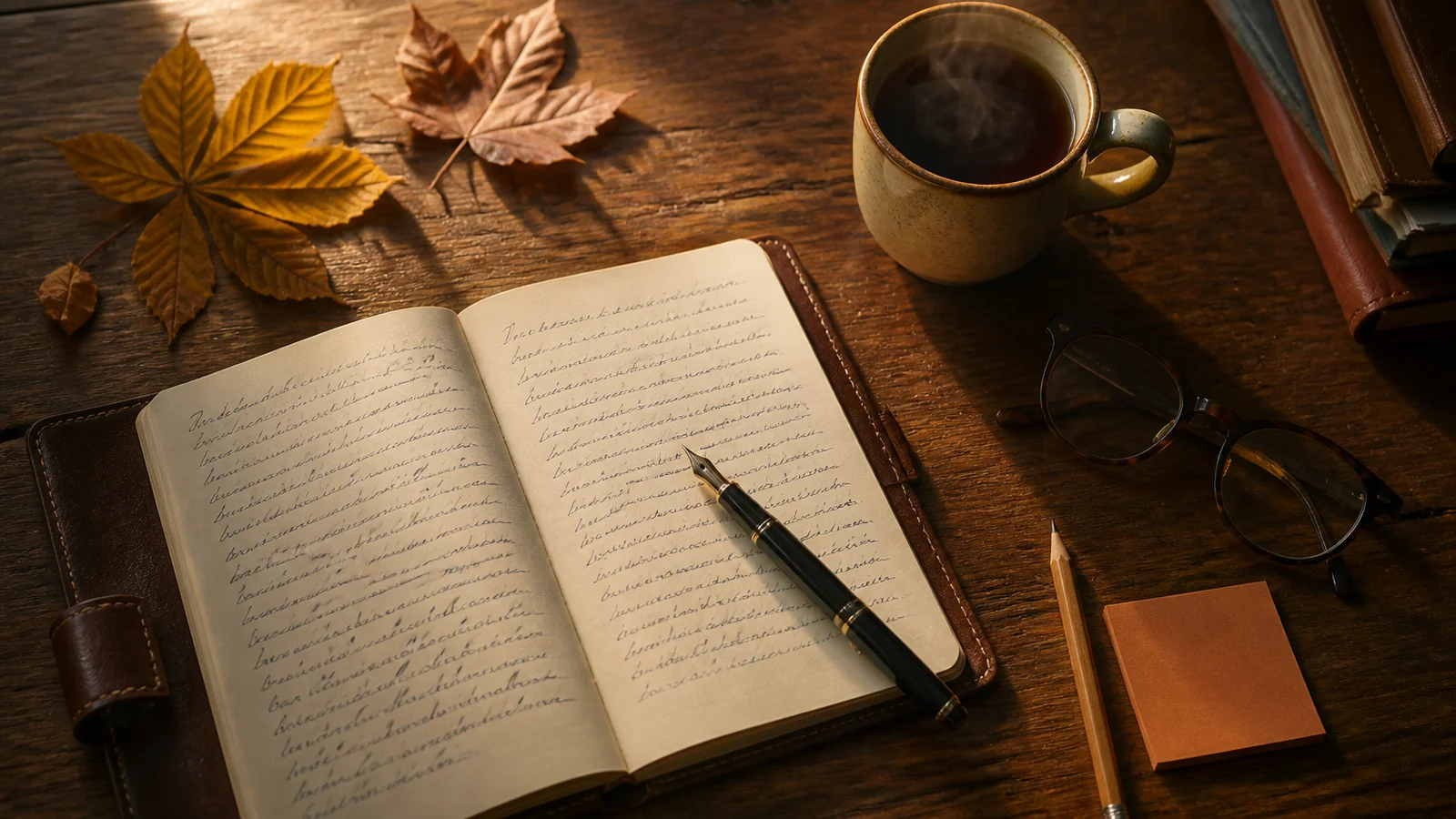 Bureau d'enseignant à 16h45 - cahier journal ouvert avec notes manuscrites, mug de thé encore fumant, lumière chaude de fin d'après-midi