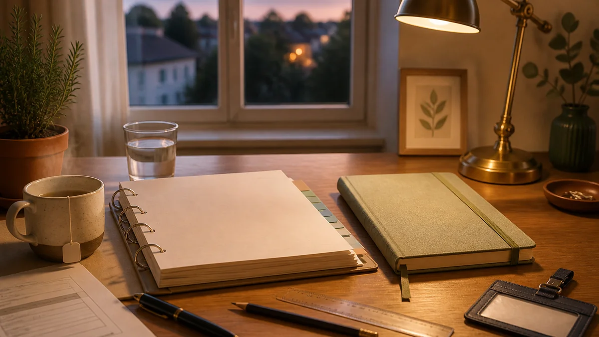 Kit administratif PES posé sur le bureau, classeur à anneaux ouvert sur les onglets, premier cahier journal vierge et carte d'identité professionnelle