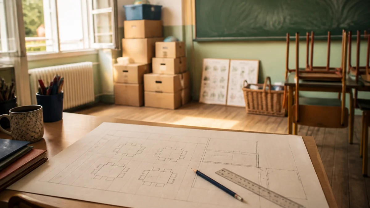 Salle de classe vide en mi-août, cartons de fournitures empilés dans un coin et plan de classe au crayon sur une feuille A3