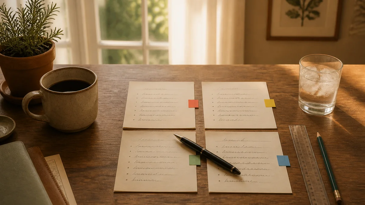 Quatre petites listes manuscrites sur un bureau correspondant aux quatre semaines d'août, post-it de couleurs pour les cocher
