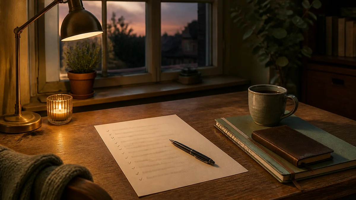 Dernière tâche de la liste cochée à la fin du mois d'août, stylo plume posé et cahier journal rangé, lumière chaude de fin de soirée