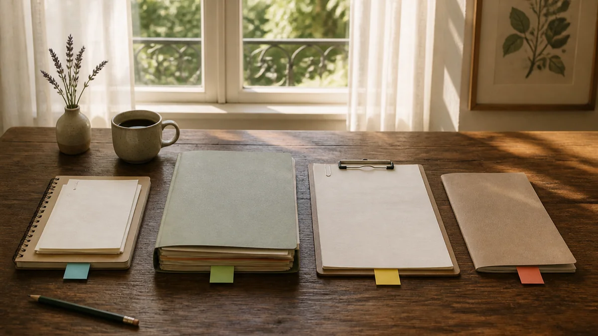 Quatre petites piles de documents posées côte à côte sur un bureau d'été, chacune correspondant à un chantier de rentrée, soleil de juillet