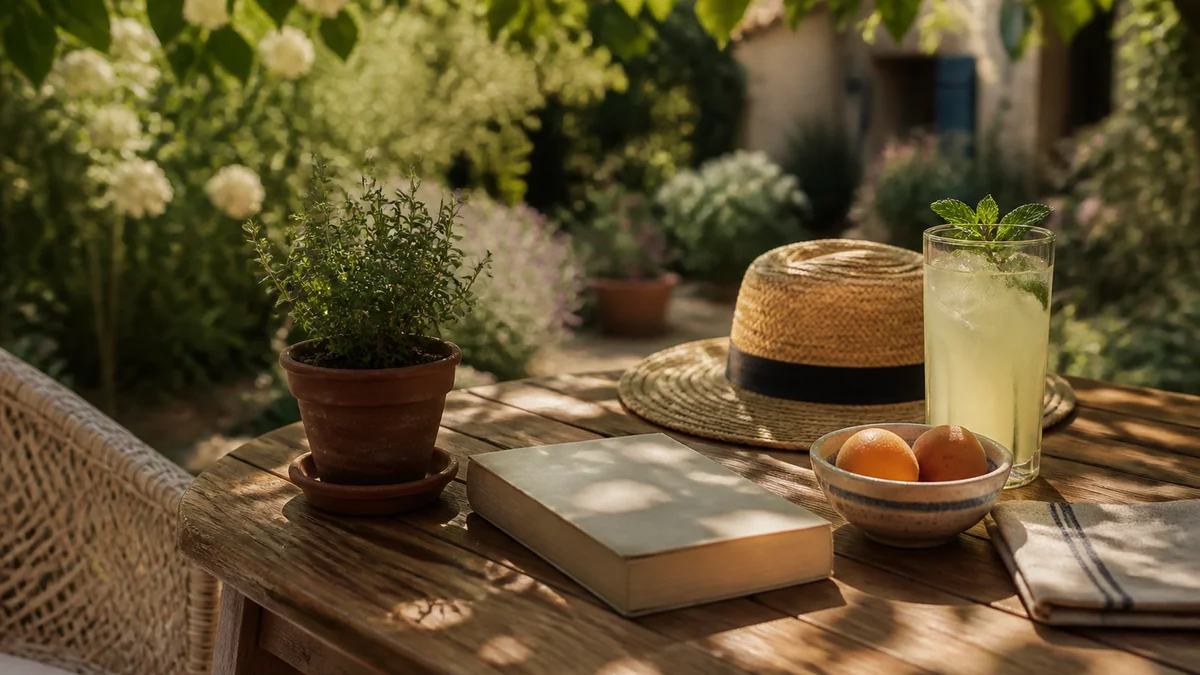 Après les quatre chantiers, livre fermé et chapeau de paille posés sur une table de jardin avec verre de citronnade, mois d'août sun-drenched