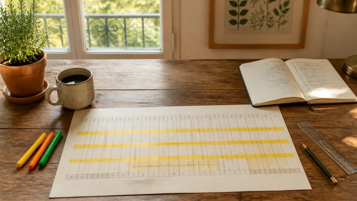 Calendrier J-30 à J+1 imprimé sur une feuille A3 avec quatre chantiers parallèles surlignés au feutre jaune, sur un bureau d'août