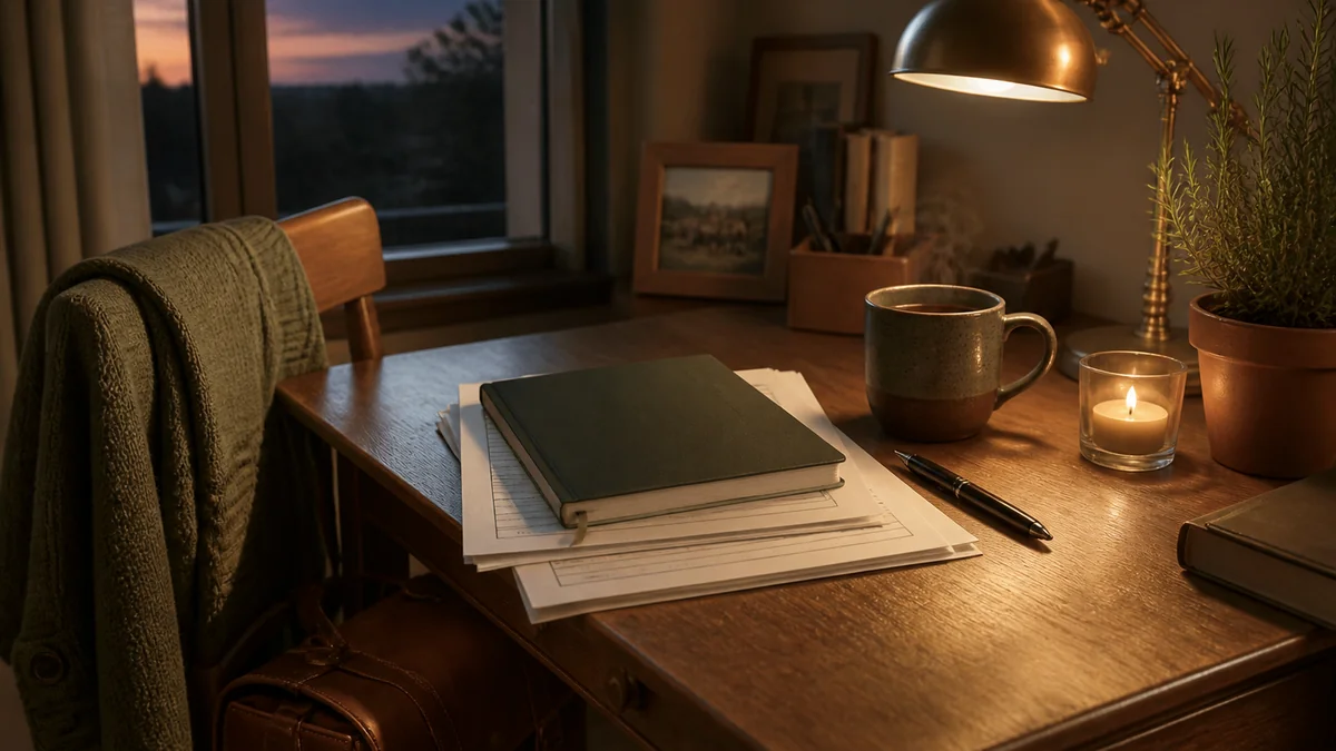 Bureau prof la veille de la rentrée, mug de café encore plein, cahier journal et fiches de prep empilées, lumière du soir d'août