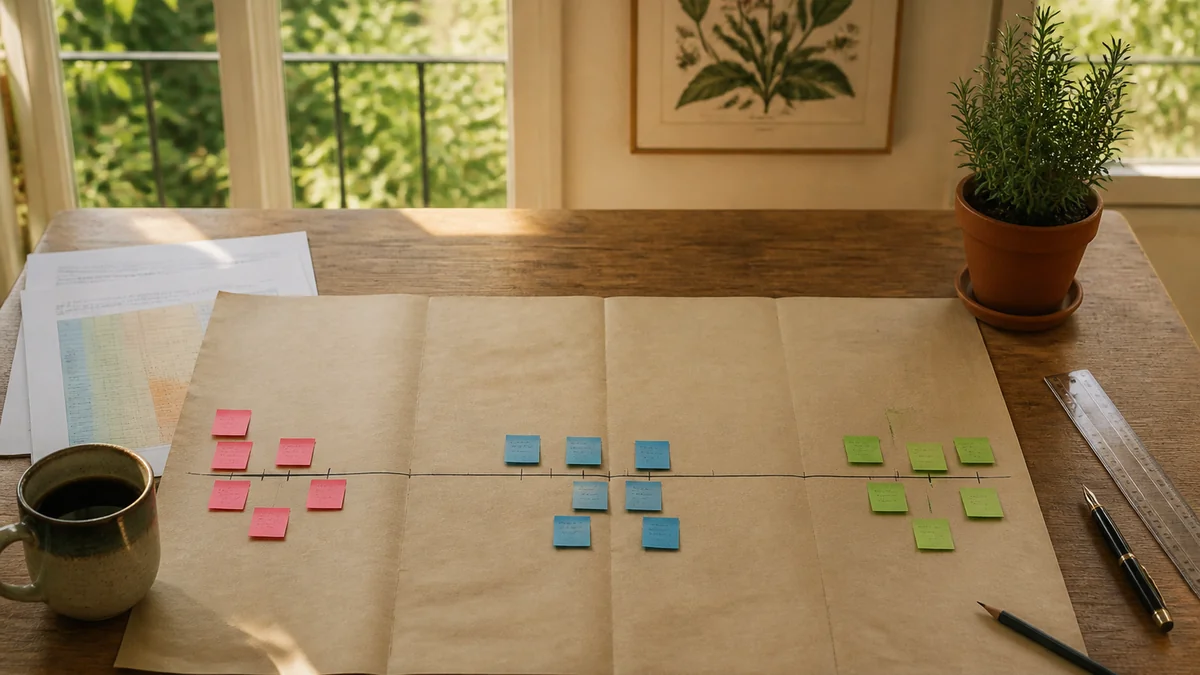 Frise des cinq périodes de l'année scolaire dessinée sur une grande feuille kraft, post-it de couleurs placés sur les notions lourdes