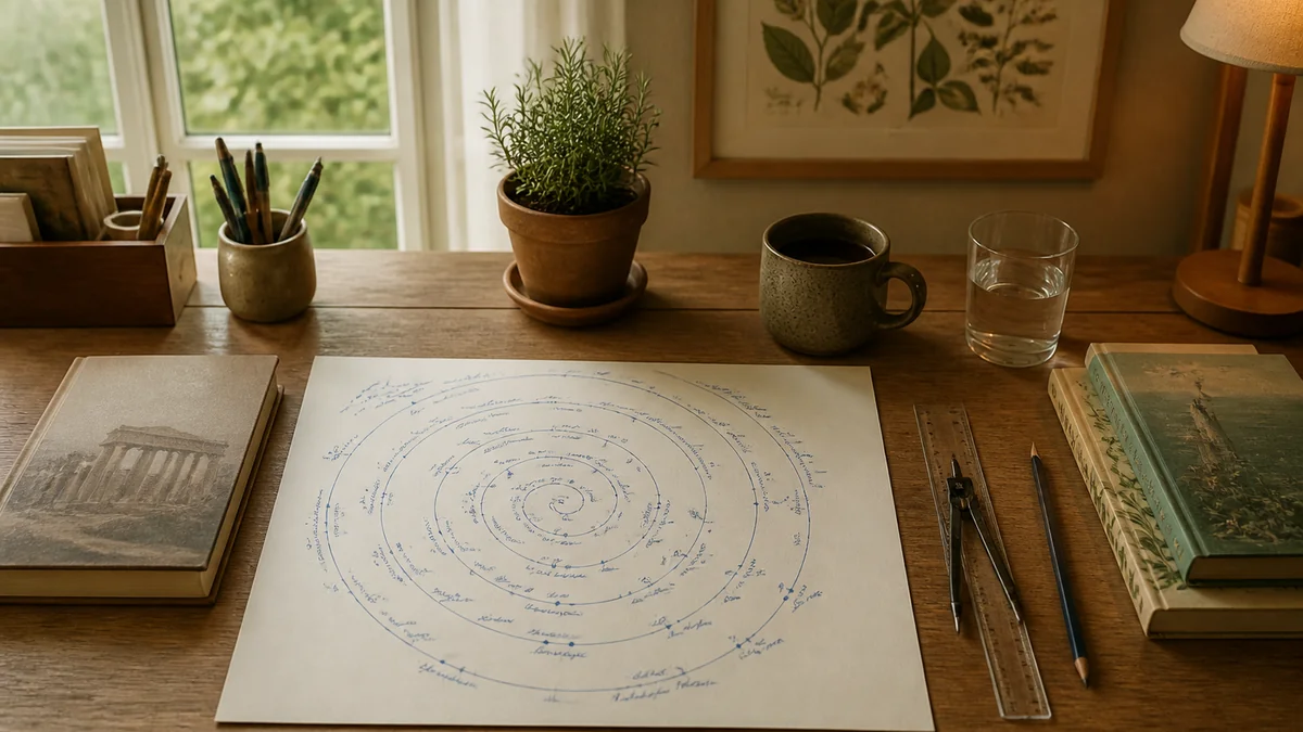 Schéma en spirale dessiné au stylo sur une grande feuille pour programmer histoire et sciences en CM1, règle et compas près du dessin
