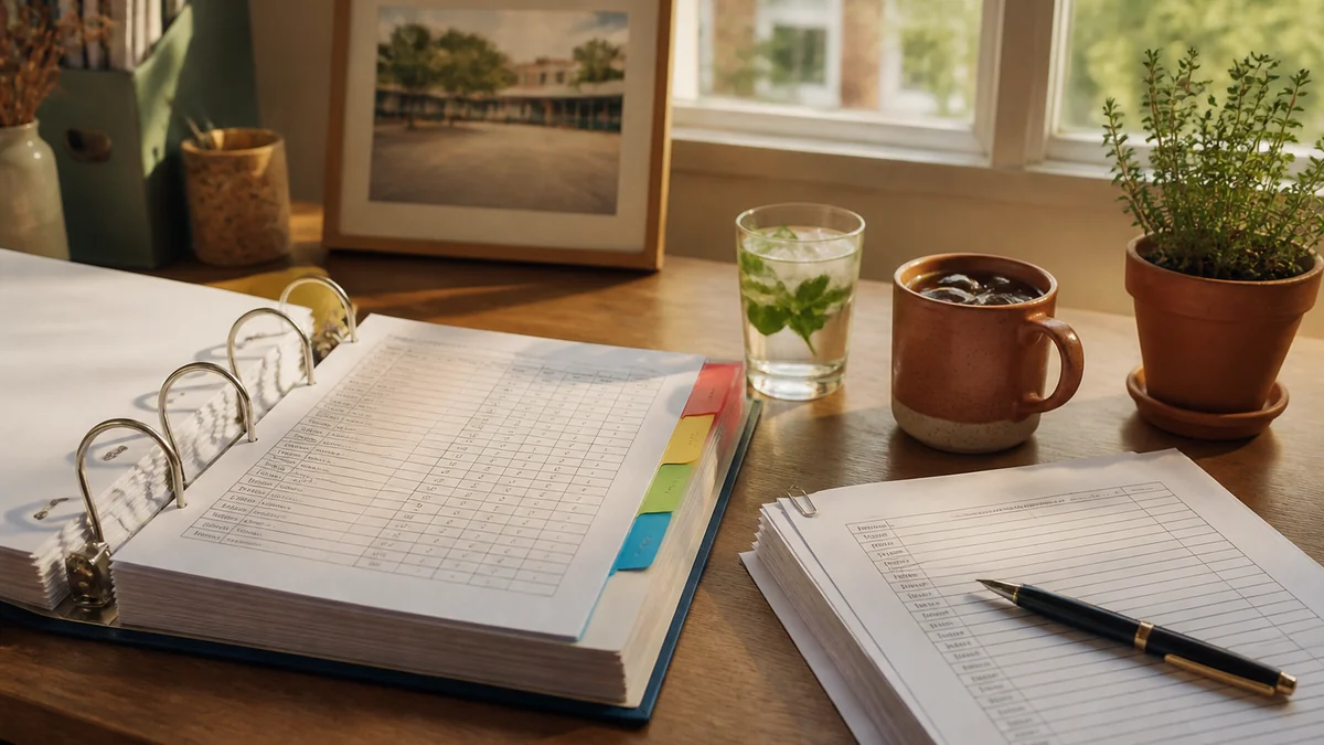 Classeur de passations CM2 ouvert en juin sur un bureau, intercalaires de couleurs et photo encadrée de la cour de récréation au mur