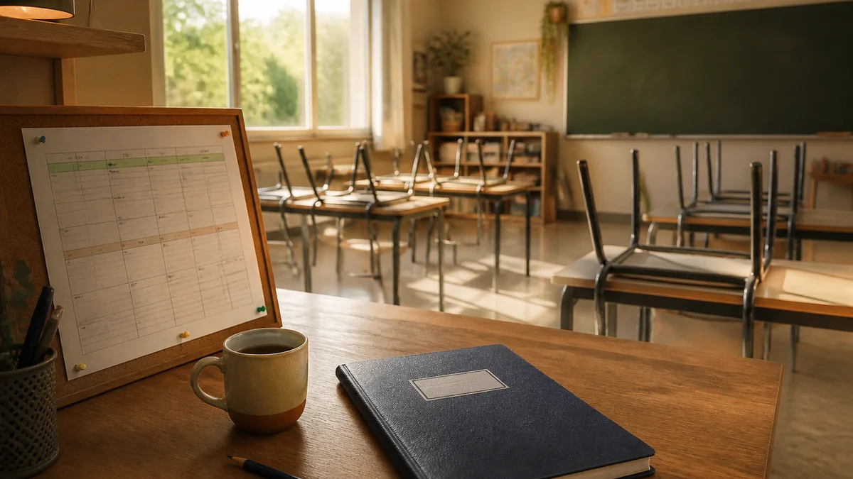 Programmation CP affichée discrètement sur un coin de bureau dans la salle de classe vide en fin d'août, chaises retournées sur les tables au fond