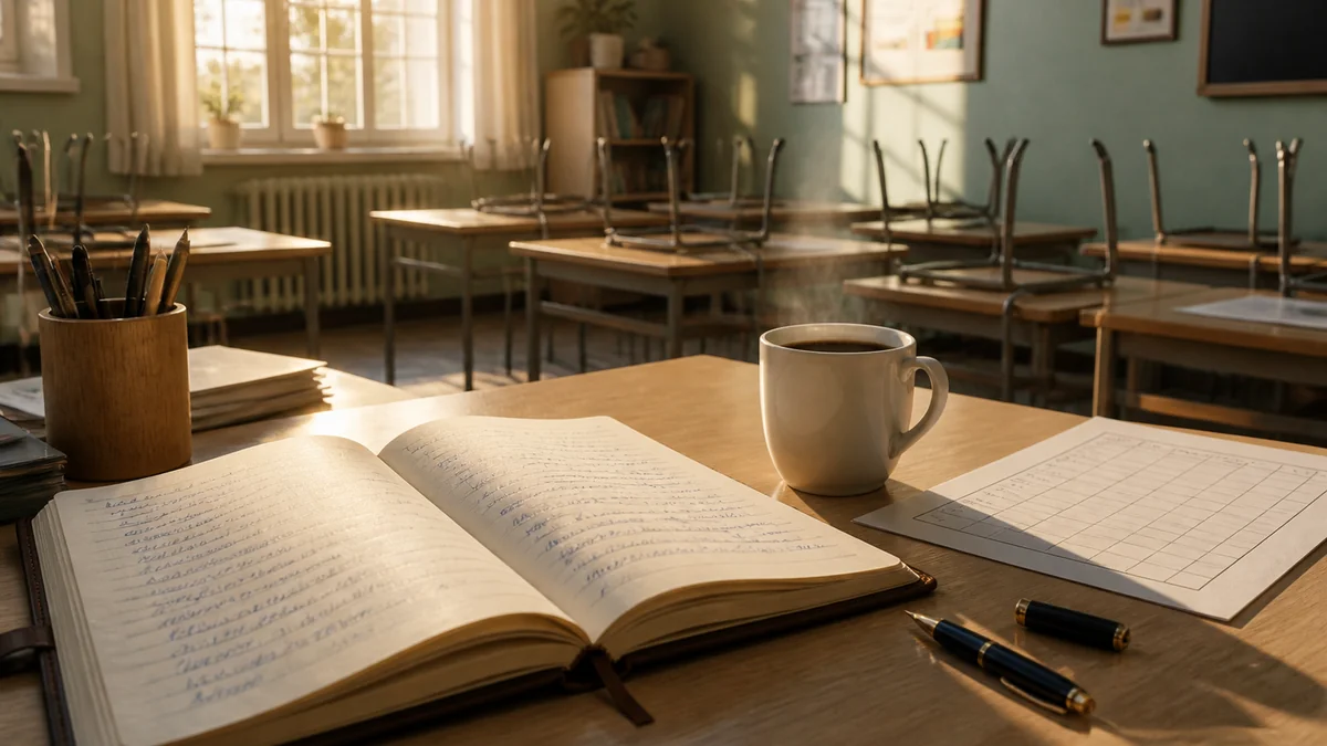 Bureau de prof le lundi 7h45 avant l'arrivée des élèves - cahier journal ouvert sur la page du jour, mug fumant, programmation imprimée